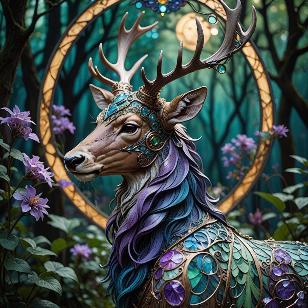 Magical Deer in Night Forest, Art Nouveau Style