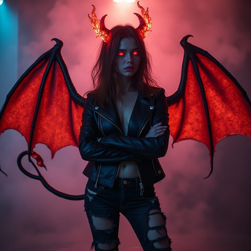 Neon Demon Girl in Mystical Smoky Setting