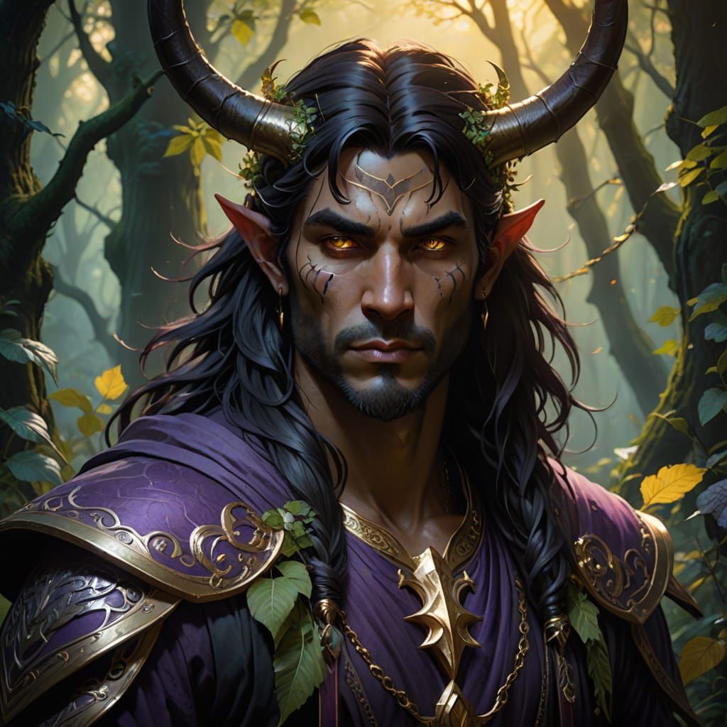 Dark Fantasy Tiefling Druid in Mysterious Forest Landscape