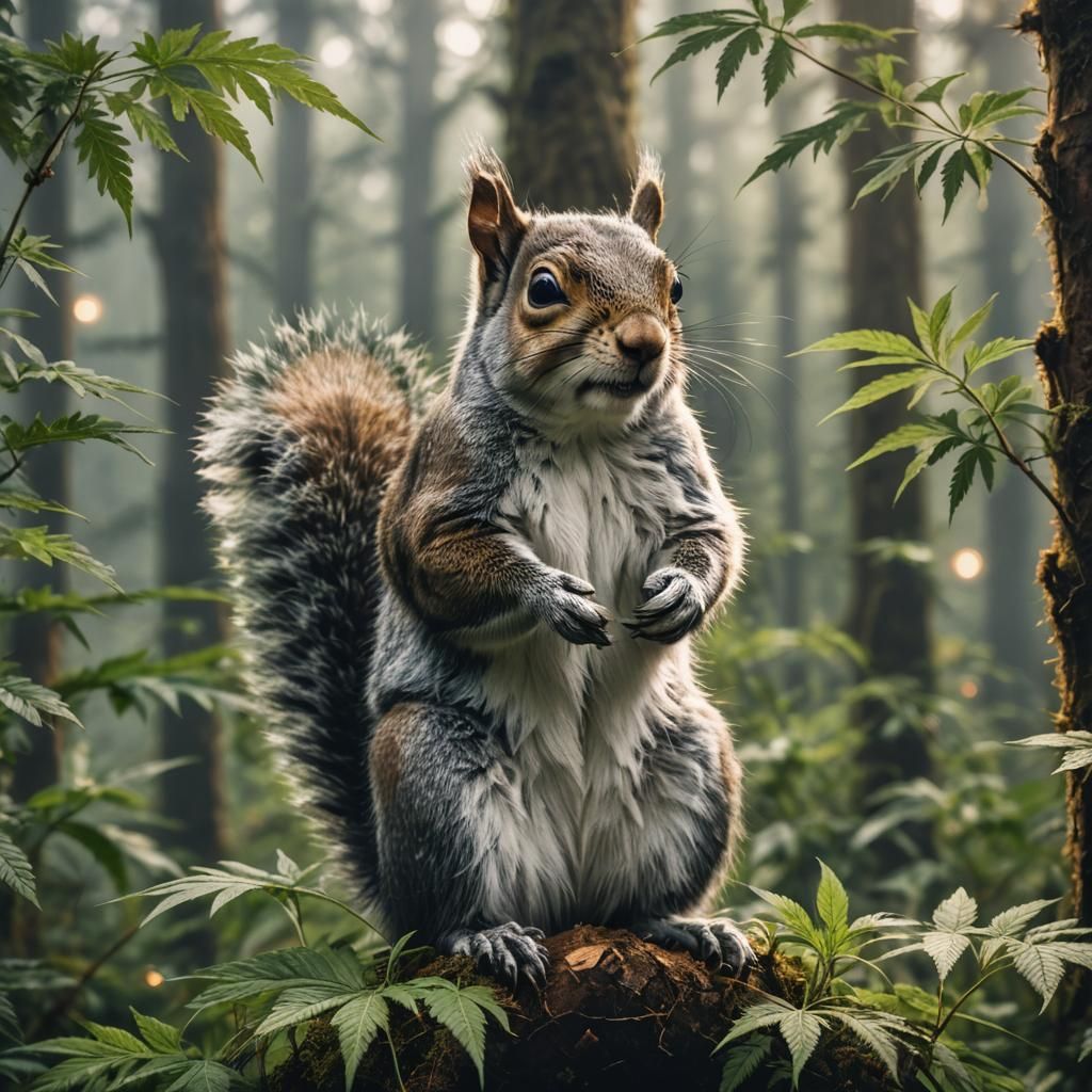 Squirrel in Foggy Cannabis Forest: Professional Photography