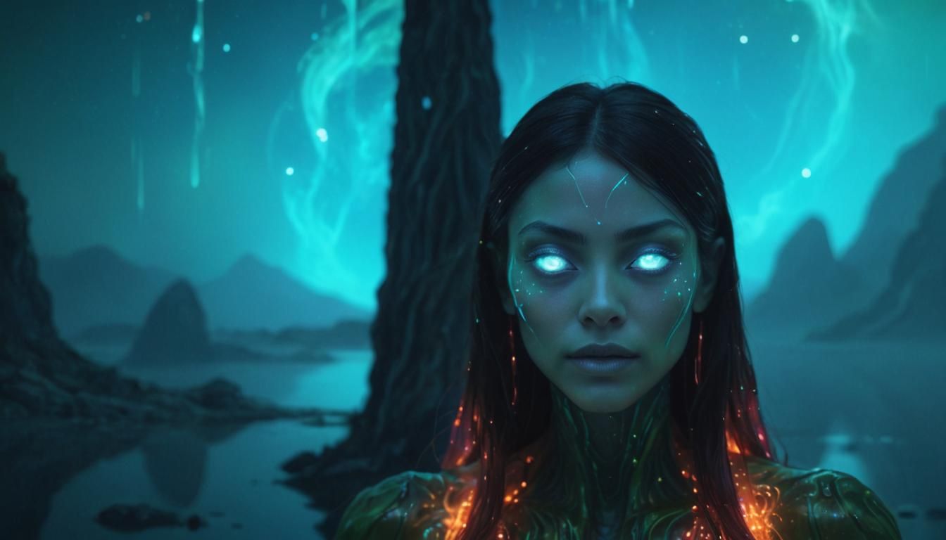 Astral Alien Water Woman in Holographic Landscape