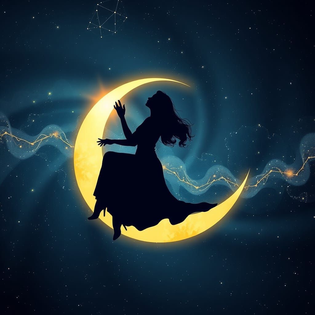 Woman Sits Enchantingly on Crescent Moon Amidst Twinkling St...