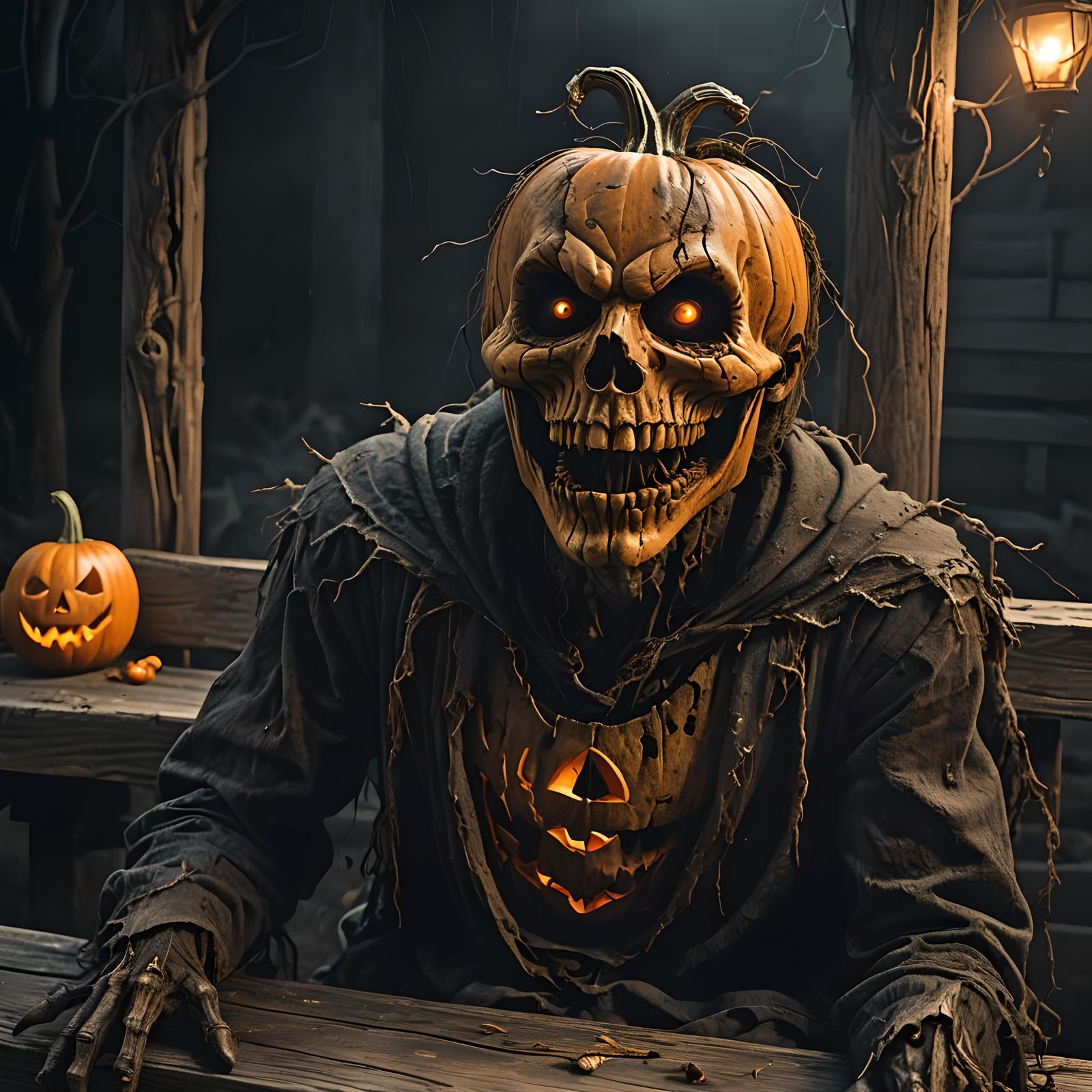 Creepy Jack-O-Lantern on Bench: Ultra-Realistic Digital Pain...