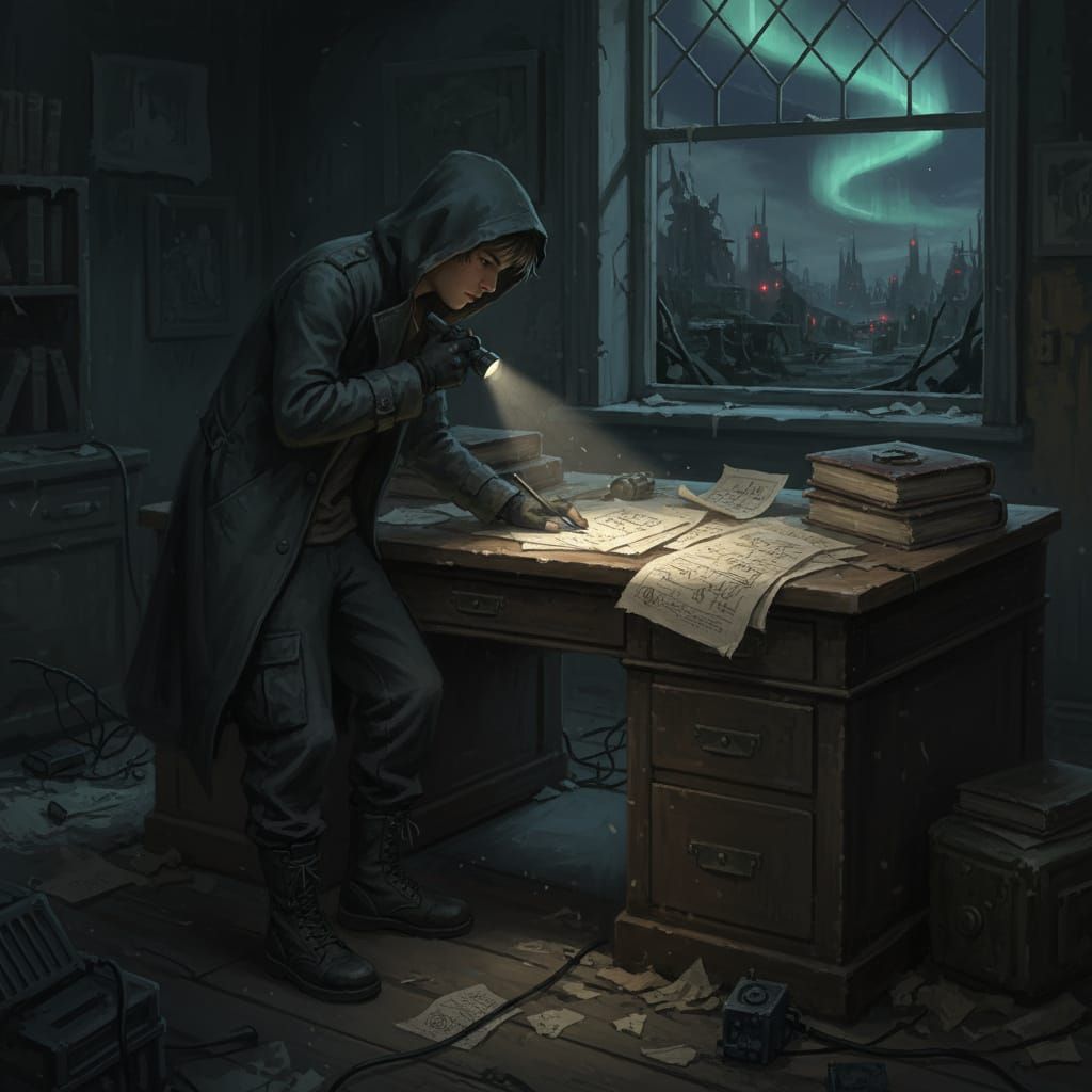 Teenage Boy Examines Documents in Eerie Lighting