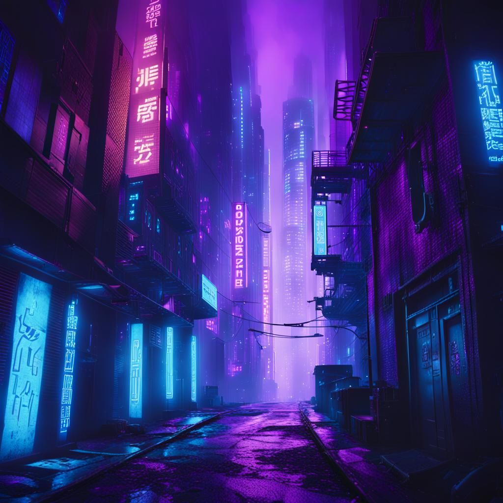 Cyberpunk Alley with Neon Lights and Fog