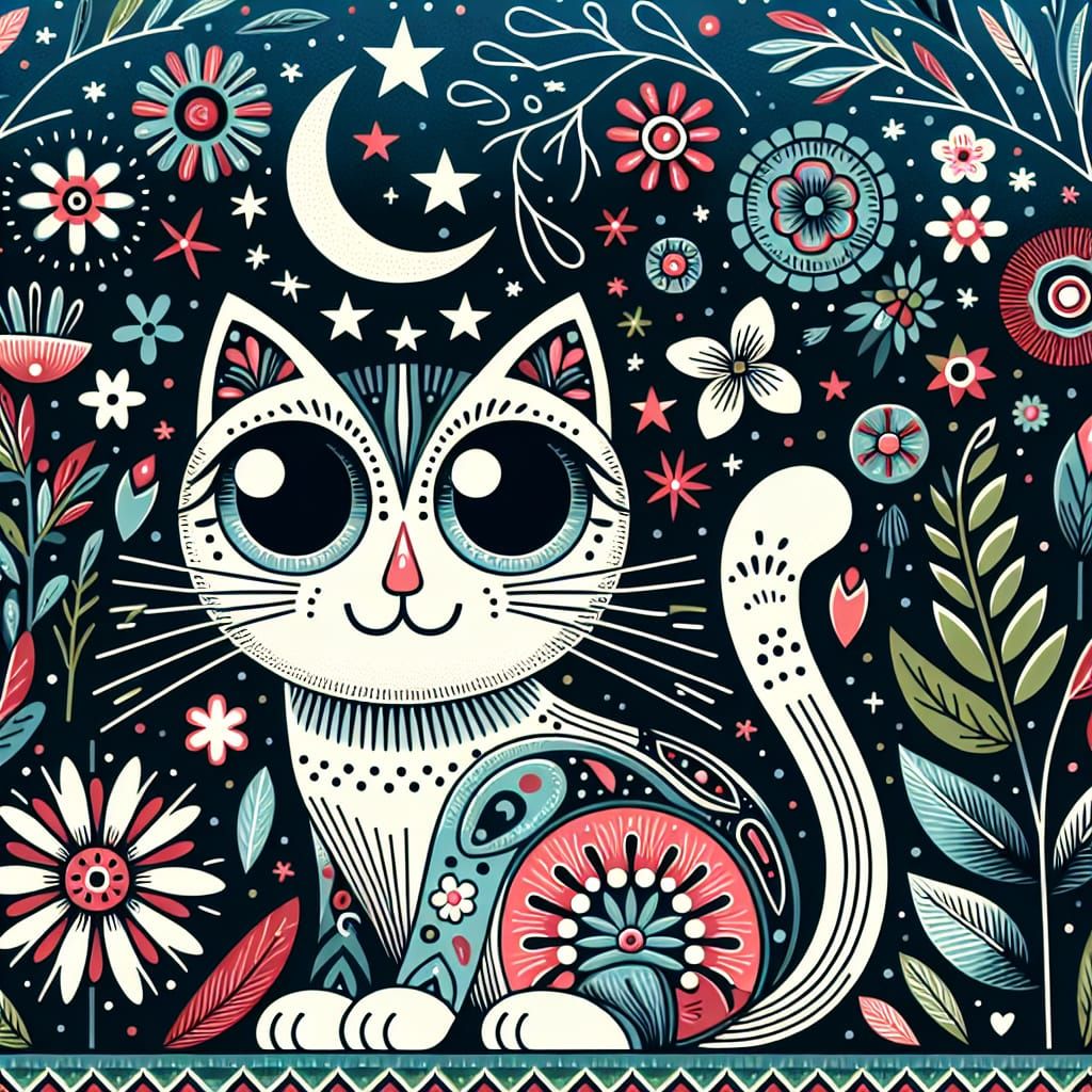 Whimsical Cat in Folk Art Style