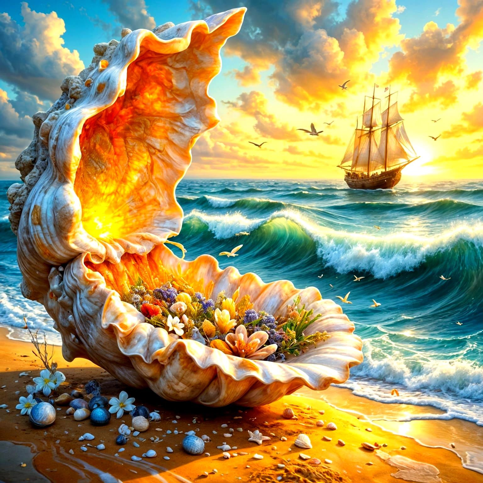 A large sparkling mother-of-pearl shell