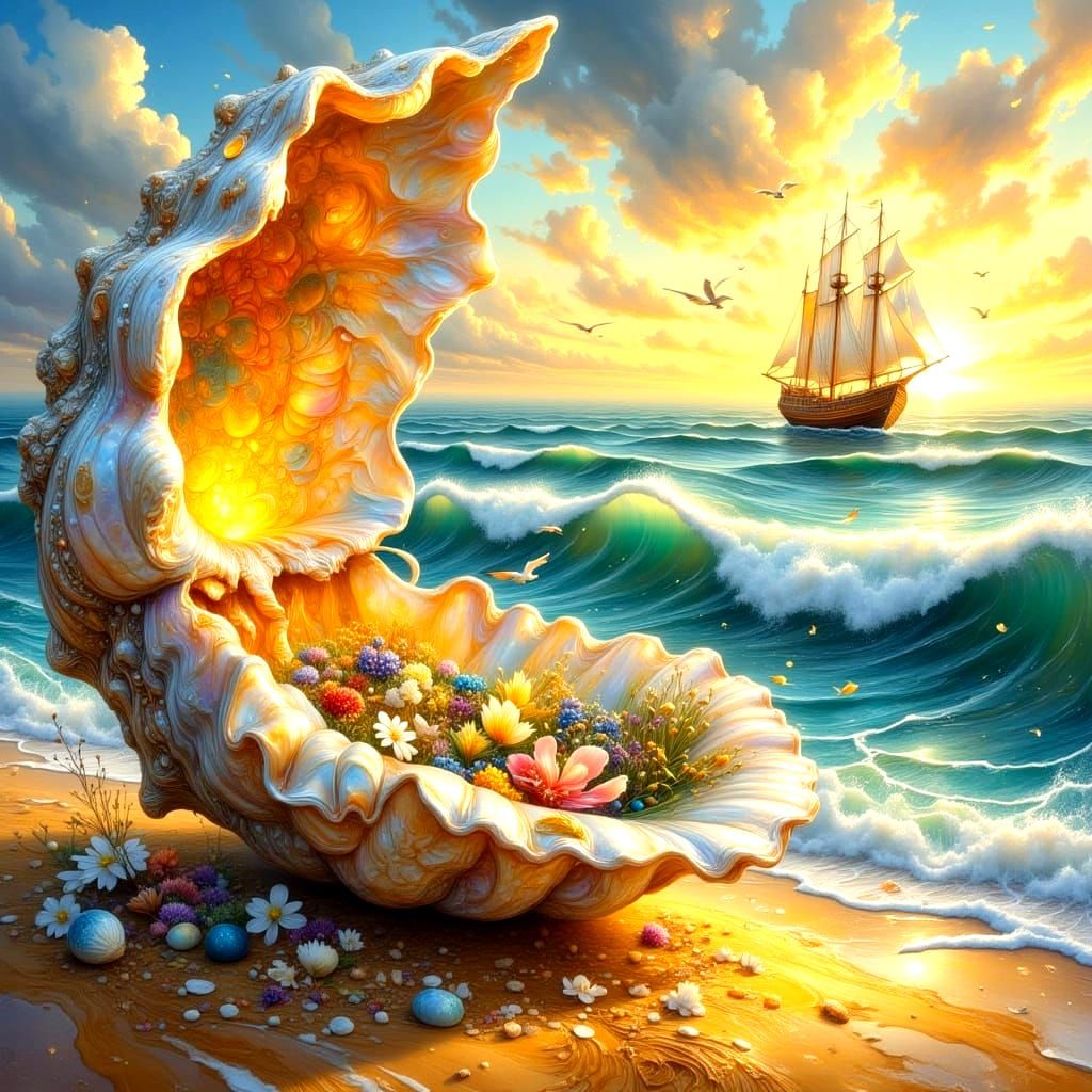 A large sparkling mother-of-pearl shell