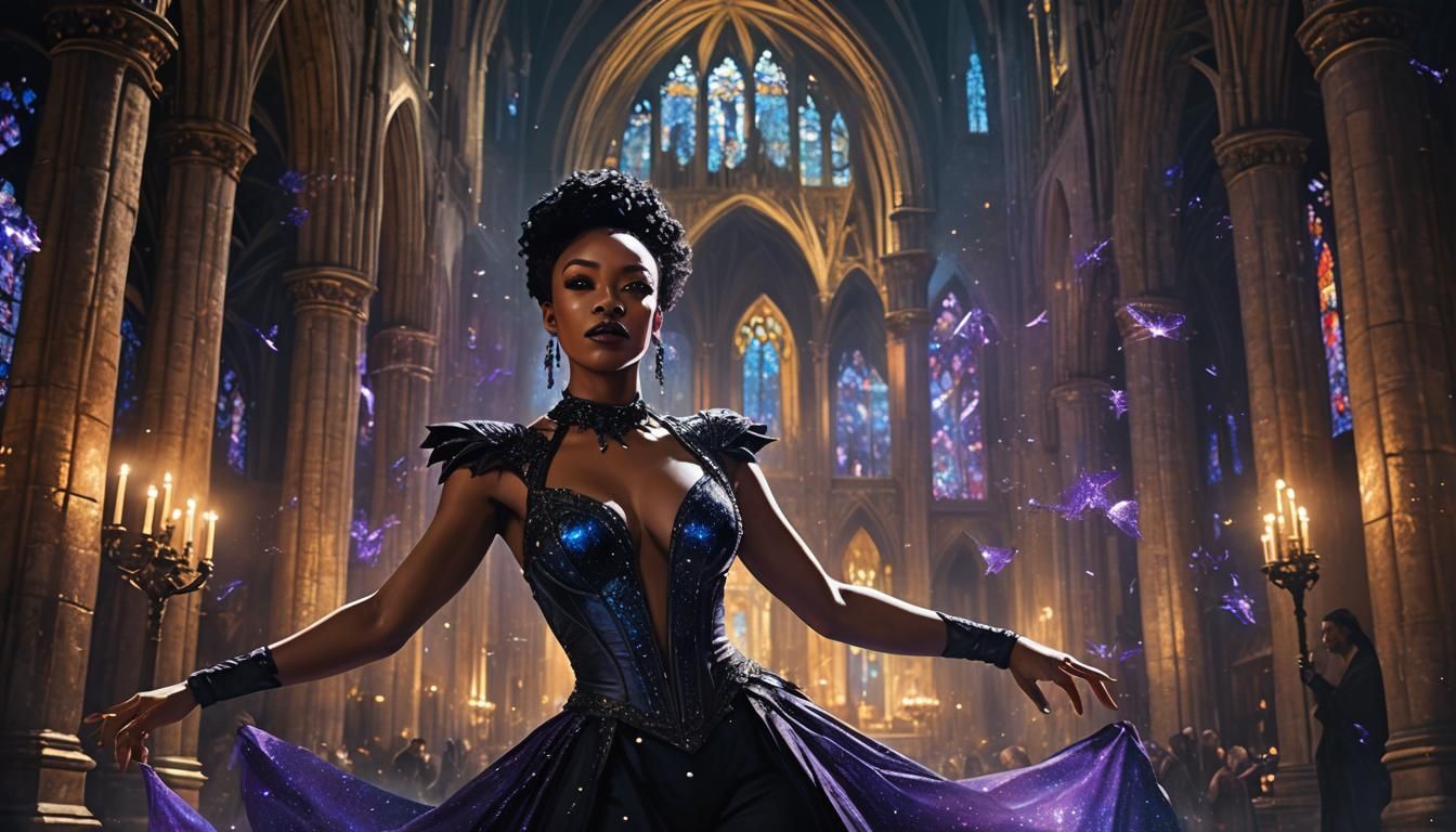 Gothic Burlesque Dancer in Starry Cathedral: Digital Art
