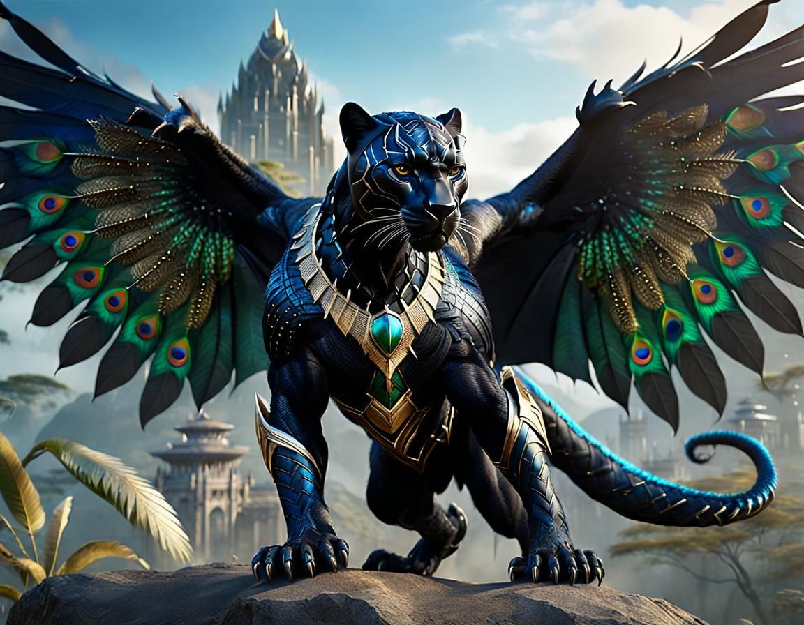 Hybrid Panther-Dragon with Peacock Wings in Detailed Matte P...