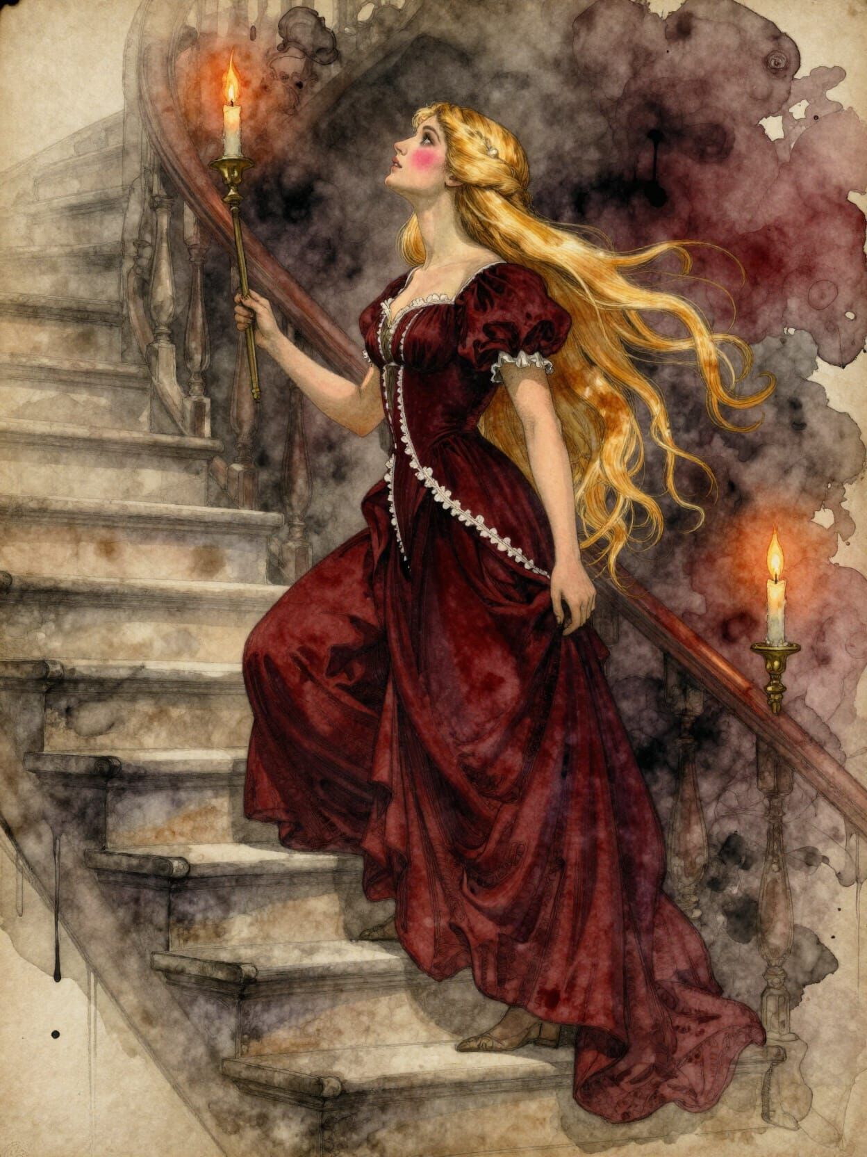 Norse Goddess Ascends Grand Staircase in Dramatic Mist