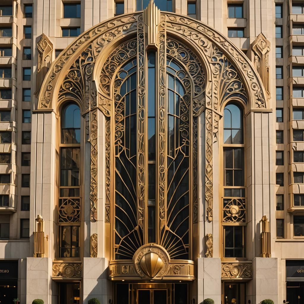 Grandiose Art Deco Skyscraper with Golden Entrance