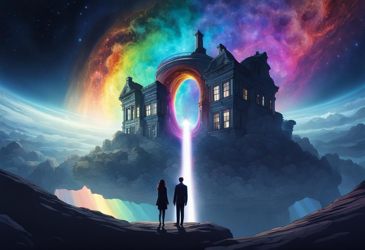 Couple in Asteroid Amidst Rainbow Nebulas