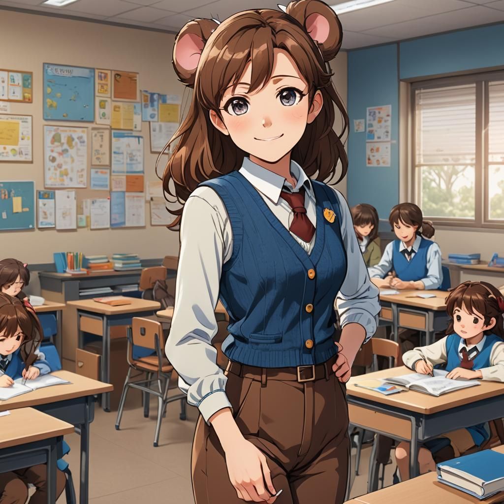 Anime Manga Teacher with Mouse Ears in Classroom
