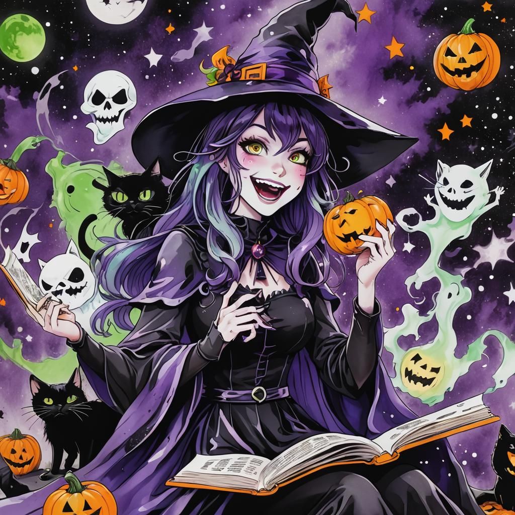 Anime Witch, Ghost, and Cat Read Halloween Comic