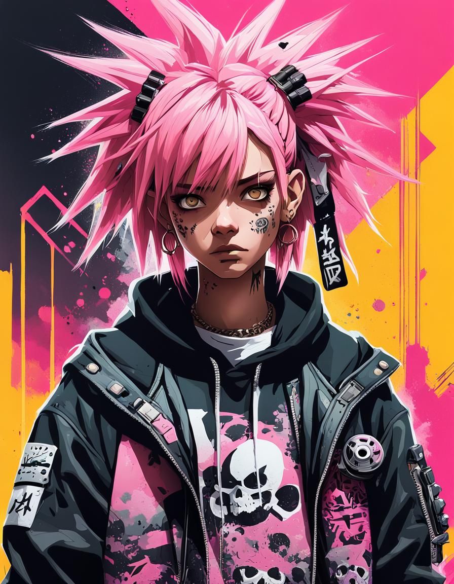 Punk Portrait with Graffiti in Anime Style