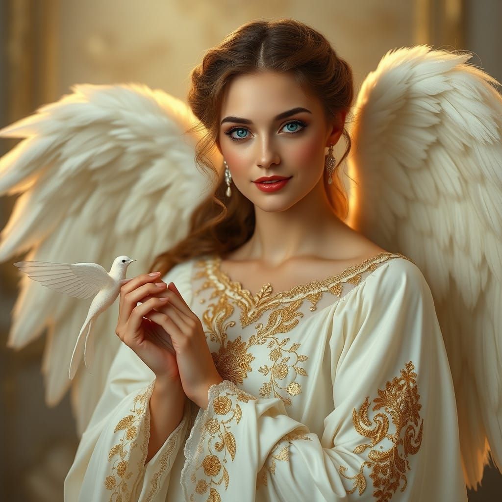 A woman in the utopian form of an angel with a radiant face ...