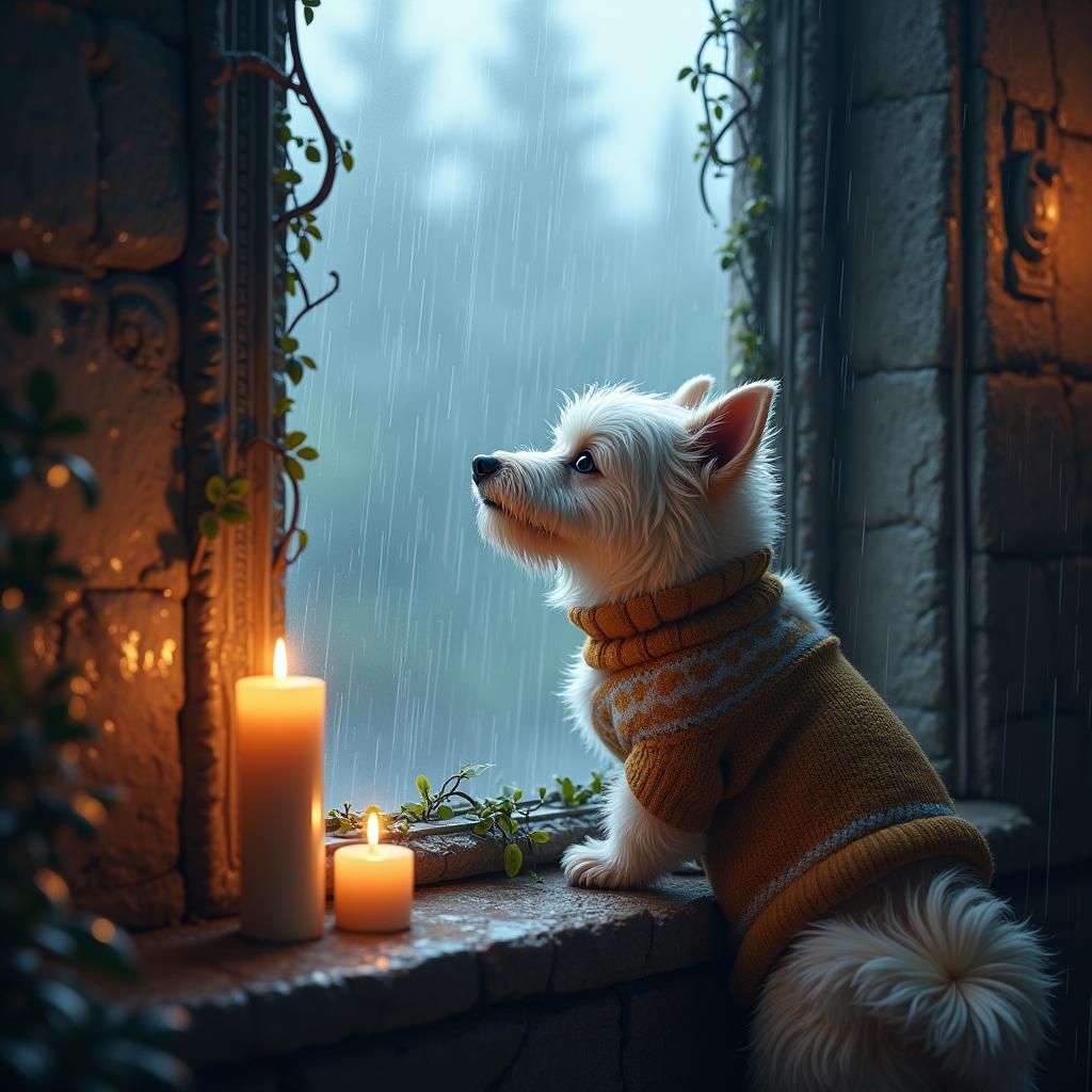 Dog Watching Rain Through Mystical Window