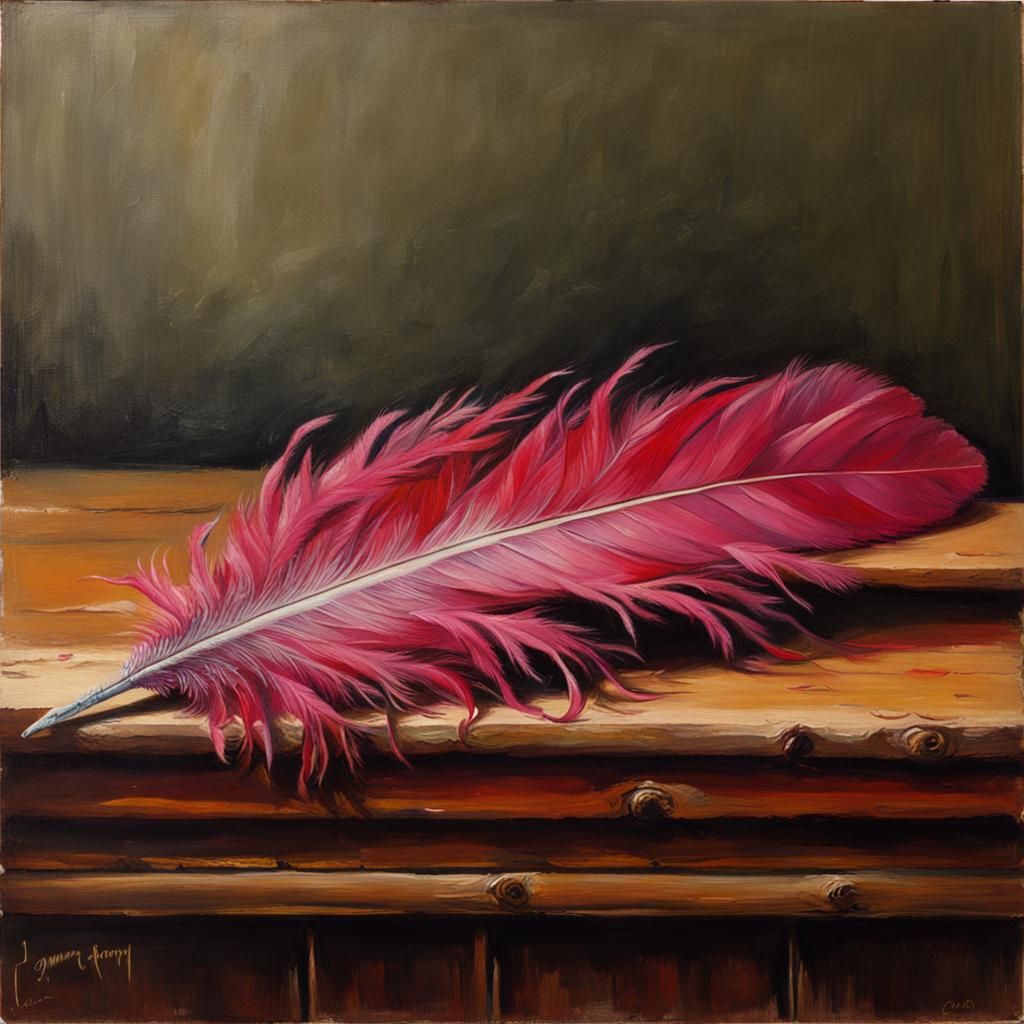 Cerise Feather on Wood, Oil Painting Style