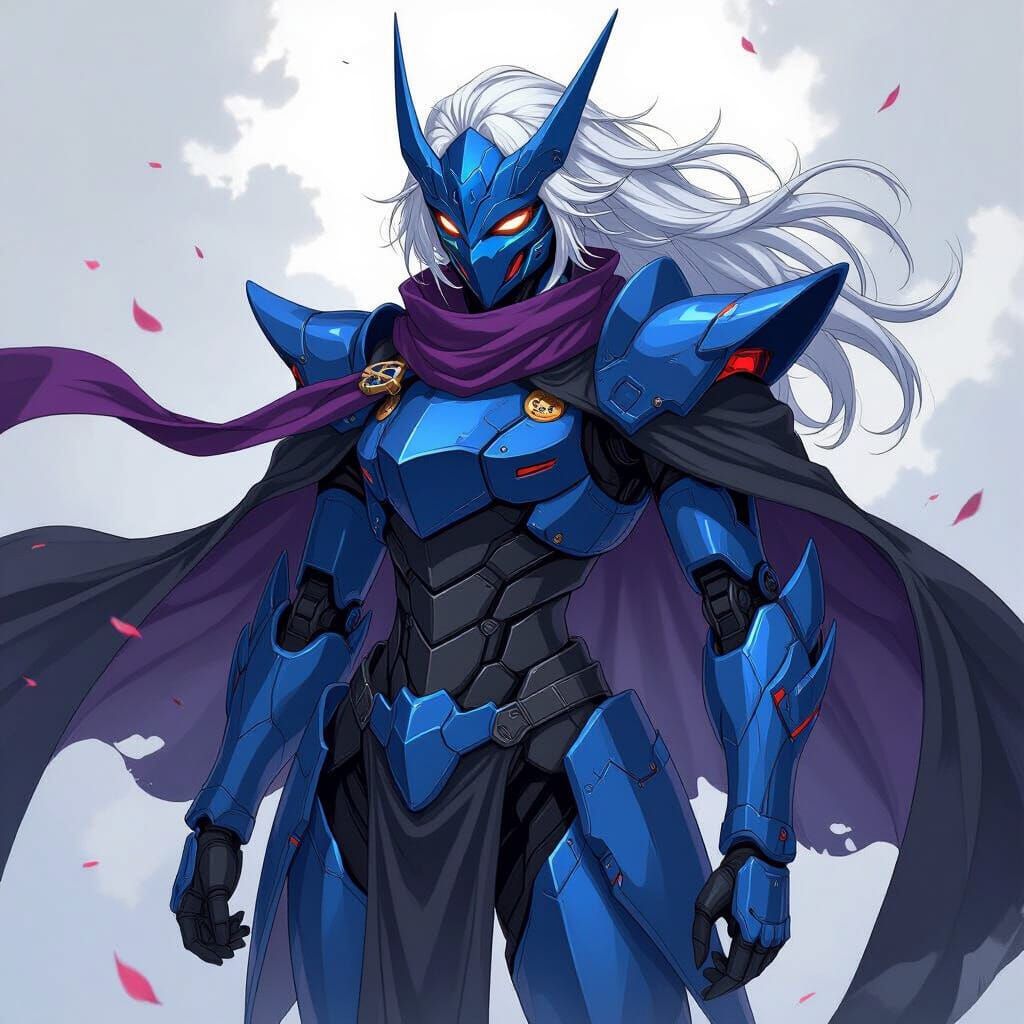 Anime Mecha Warrior with Oni Mask and Scarf