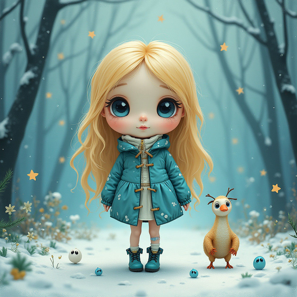 Whimsical Surreal Winter Doll Character Illustration