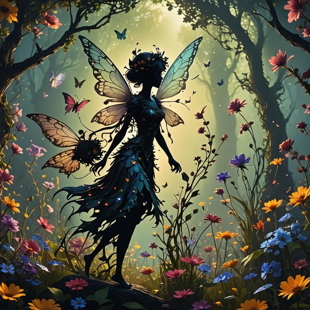 Fairy Silhouette with Flowers Fantasy Concept Art