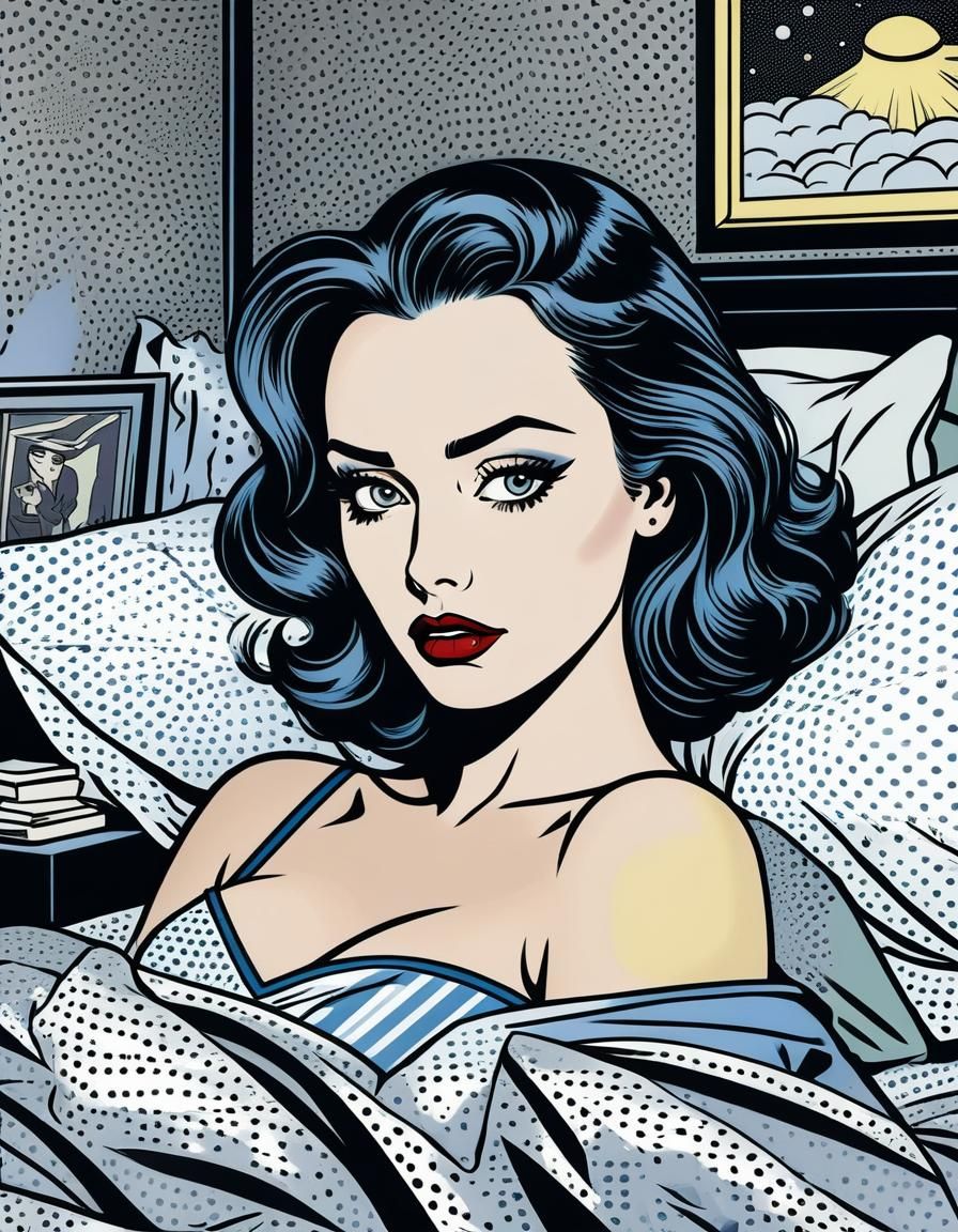 Sad Woman Awake at Night in Pop Art Style