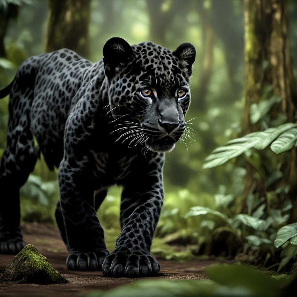 Black Jaguar Cub Exploring Amazon Rainforest