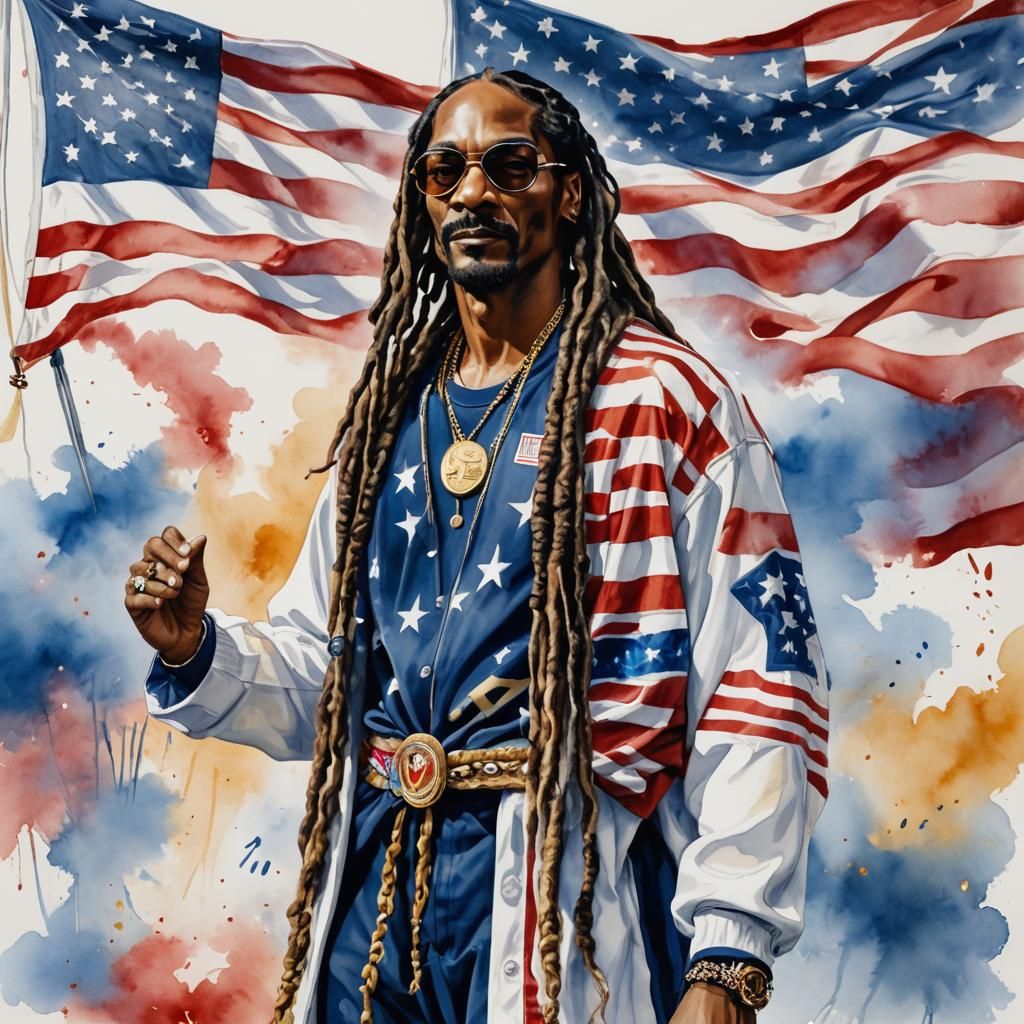Vibrant Watercolor Painting of Snoop Dogg as USA Mascot in P...