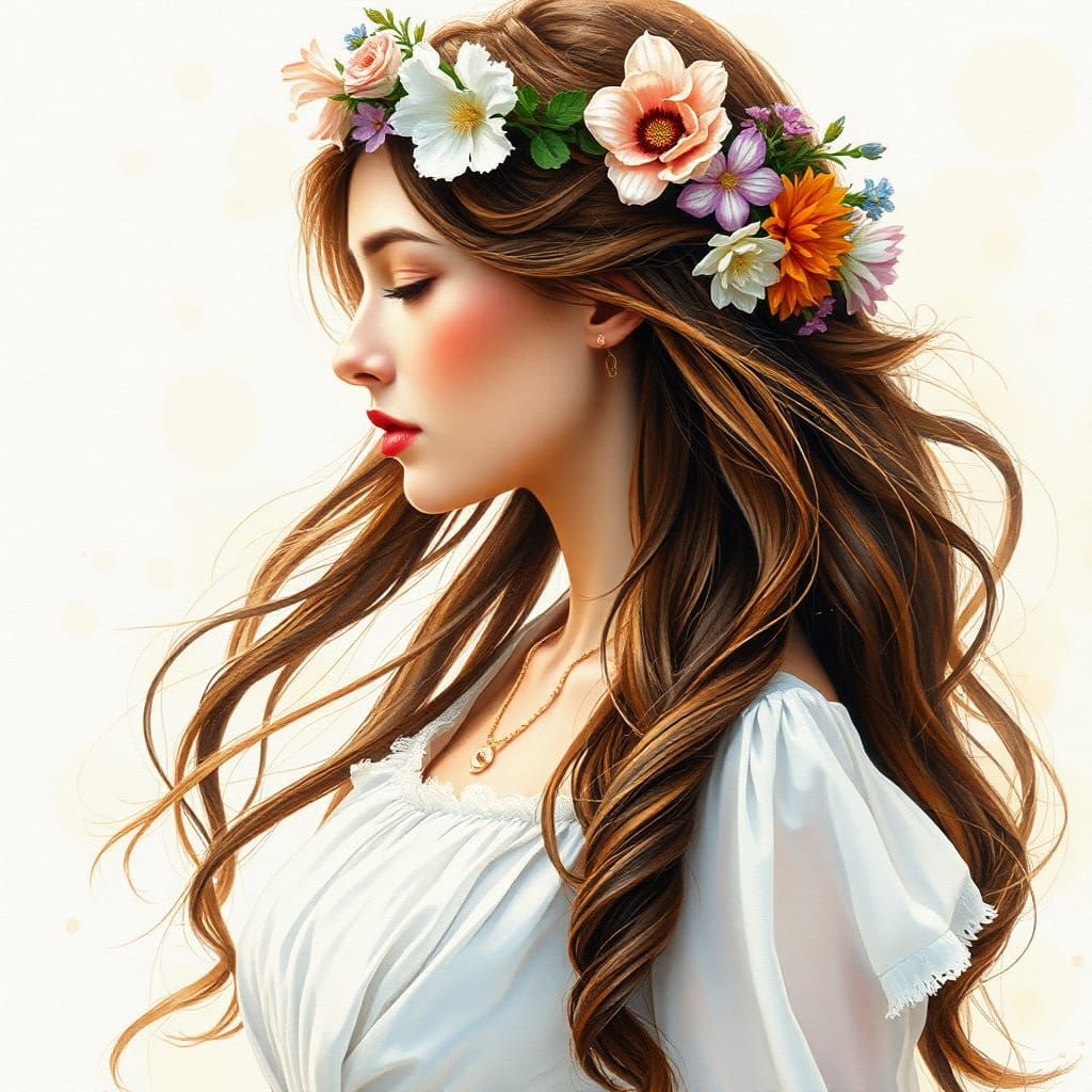 Faelike Woman with Flower Crown in Gouache Style
