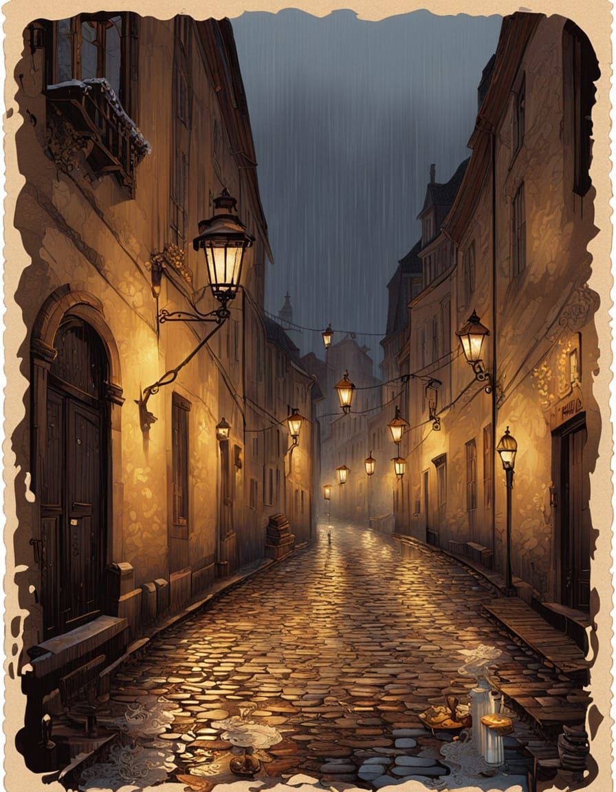 Romantic European Alley at Night in Baroque Style