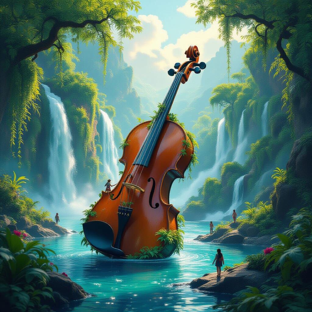 A surreal landscape features a giant violin entwined with lu...