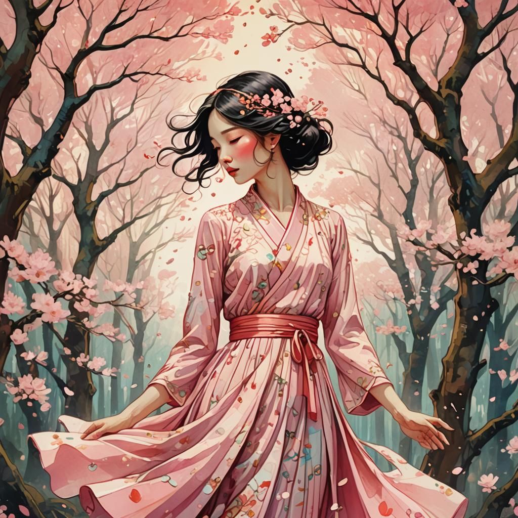Elegant Woman in Cherry Blossom Forest, Watercolor Style
