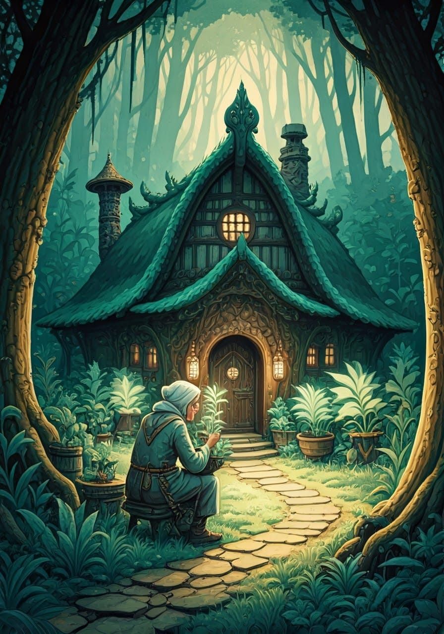 Elder Mystic Woman Tends Whimsical Garden in Medieval Fantas...