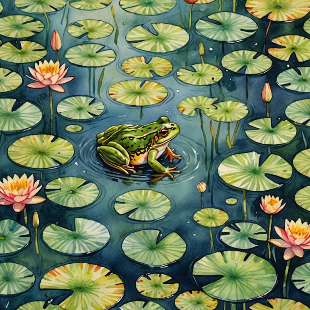 Frog Soaring Over Lily Pond: Watercolor Naïve Art