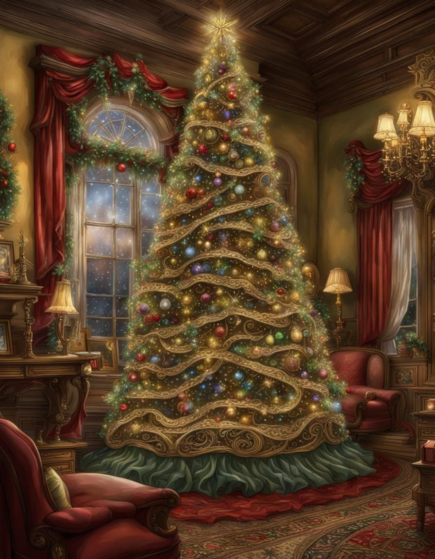 Victorian Christmas Tree in Mansion: Merry Christmas
