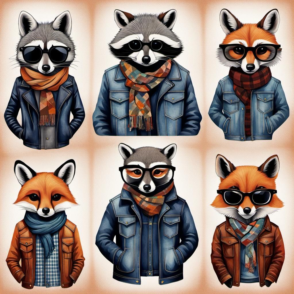 Hipster Animals Poster Grid in Detailed Matte Painting