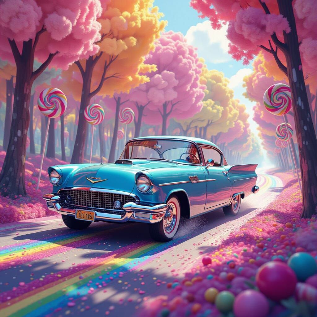 Vintage Car in Candy Forest: Fantasy Matte Painting