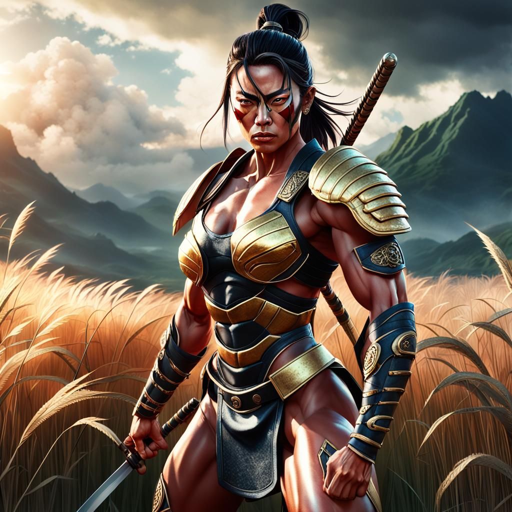 Woman Samurai Bodybuilder in Field: Digital Art