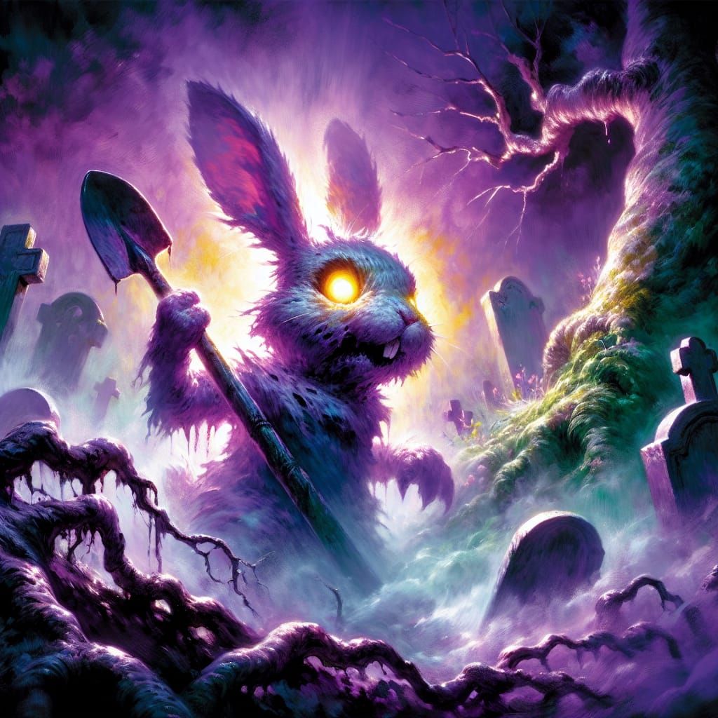 Undead Rabbit Resurrection in Graveyard, Watercolor Style