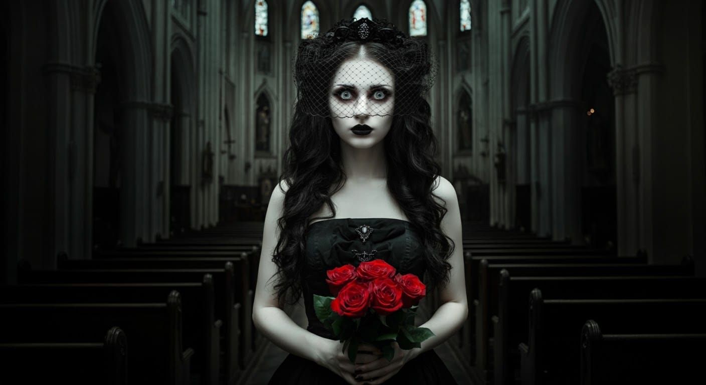 Gothic Woman with Roses in Ornate Church