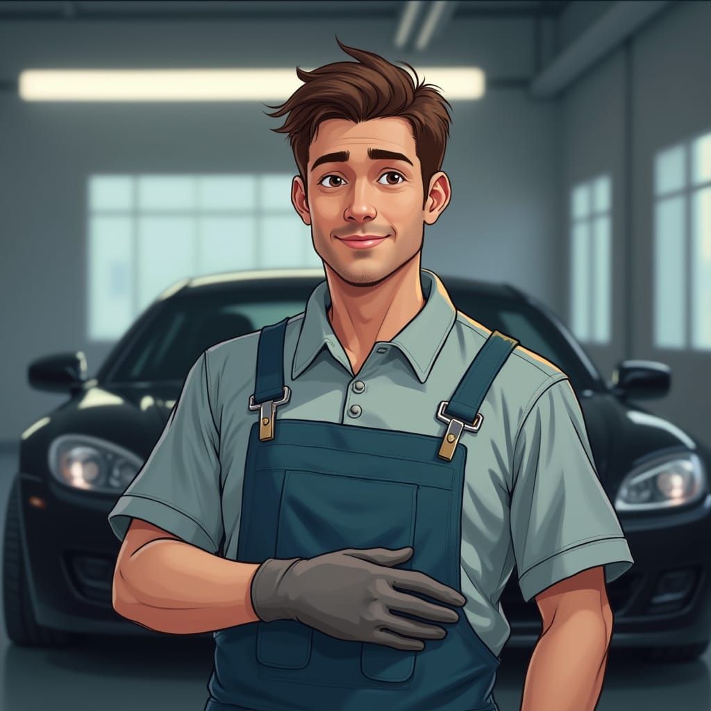 Confident Car Detailer in Garage Setting