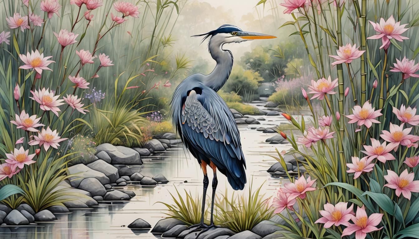 Blue Heron in Bamboo Thicket, Fine Line Sketch