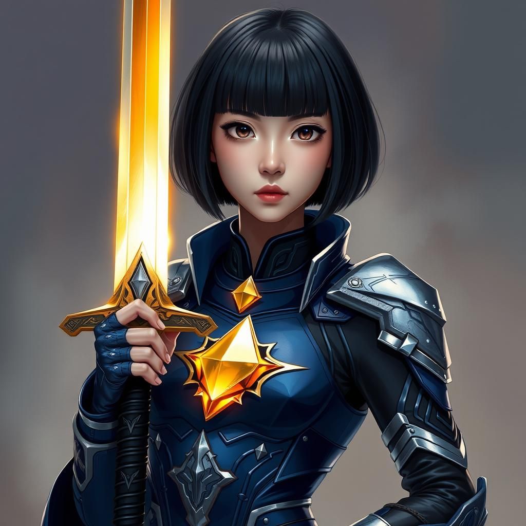 18 year old vietemese woman with a bob and bangs as the indigo warrior with a gold crystal attached to her chest