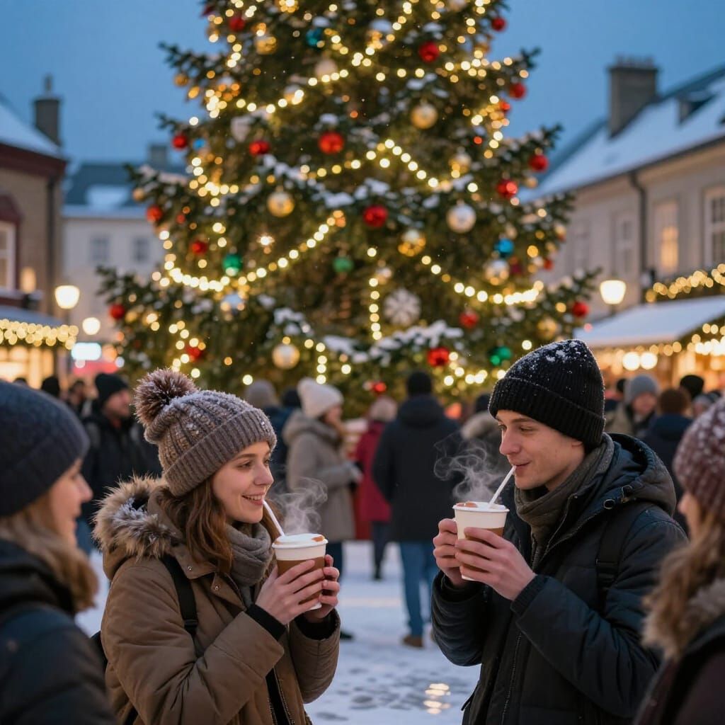 Festive Christmas Tree Lighting in Bustling Town Square