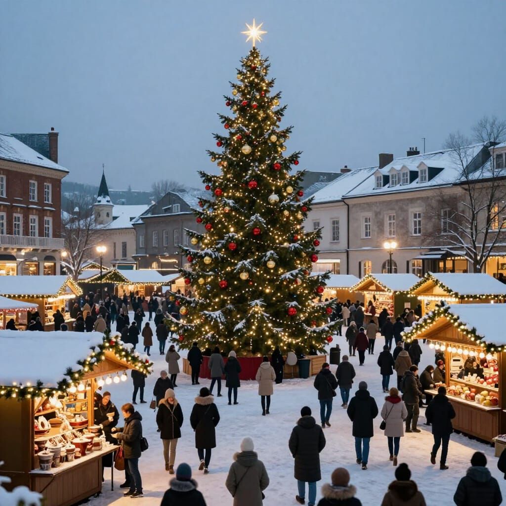 Vast Christmas Town Square Illuminated by Festive Tree