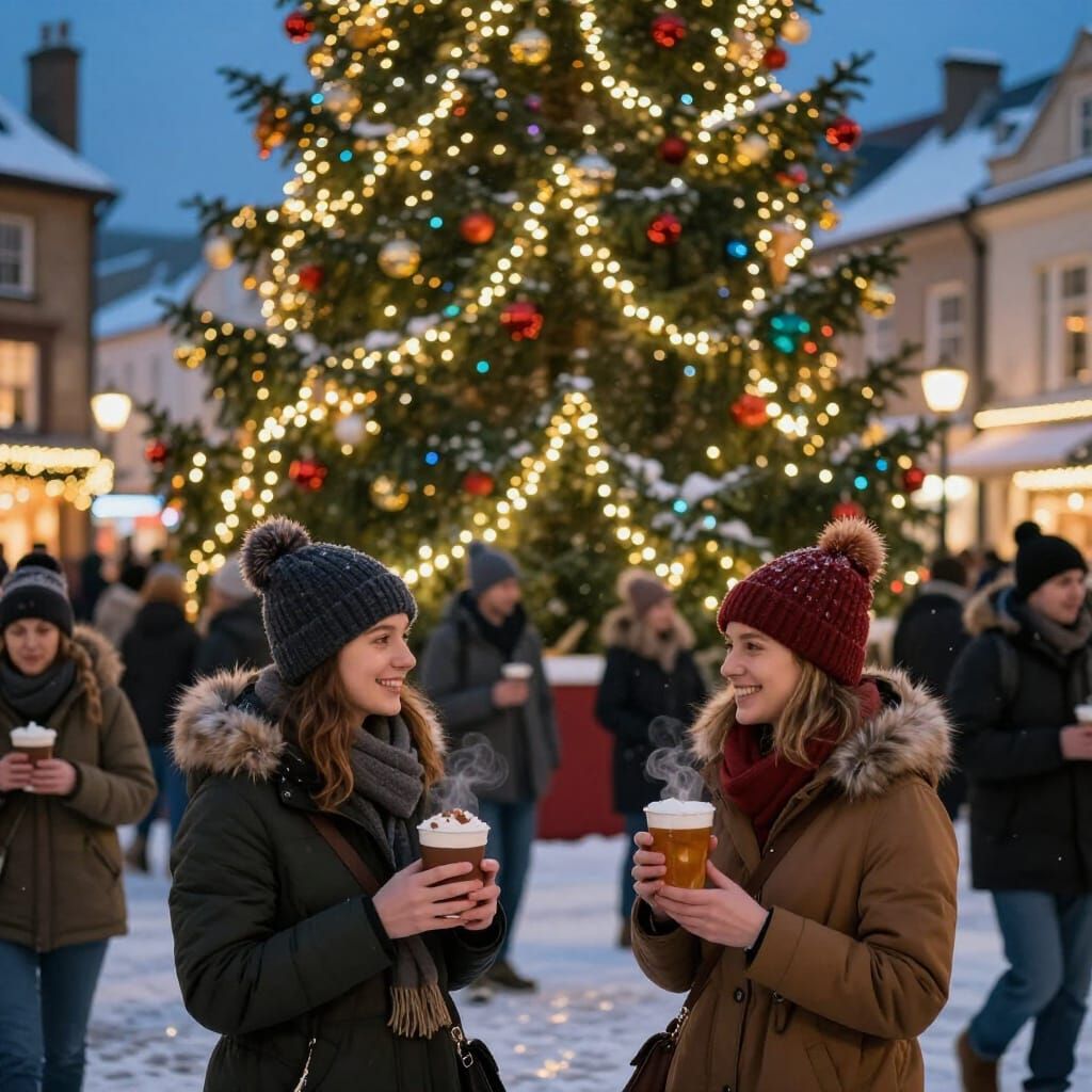 Festive Christmas Tree Lighting in Bustling Town Square