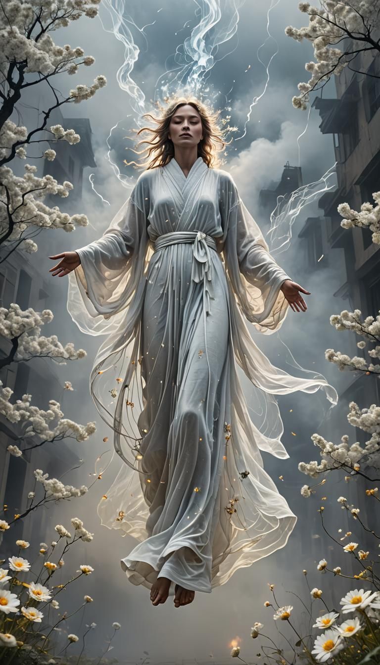 Ethereal Figure Ascending on Floral Path