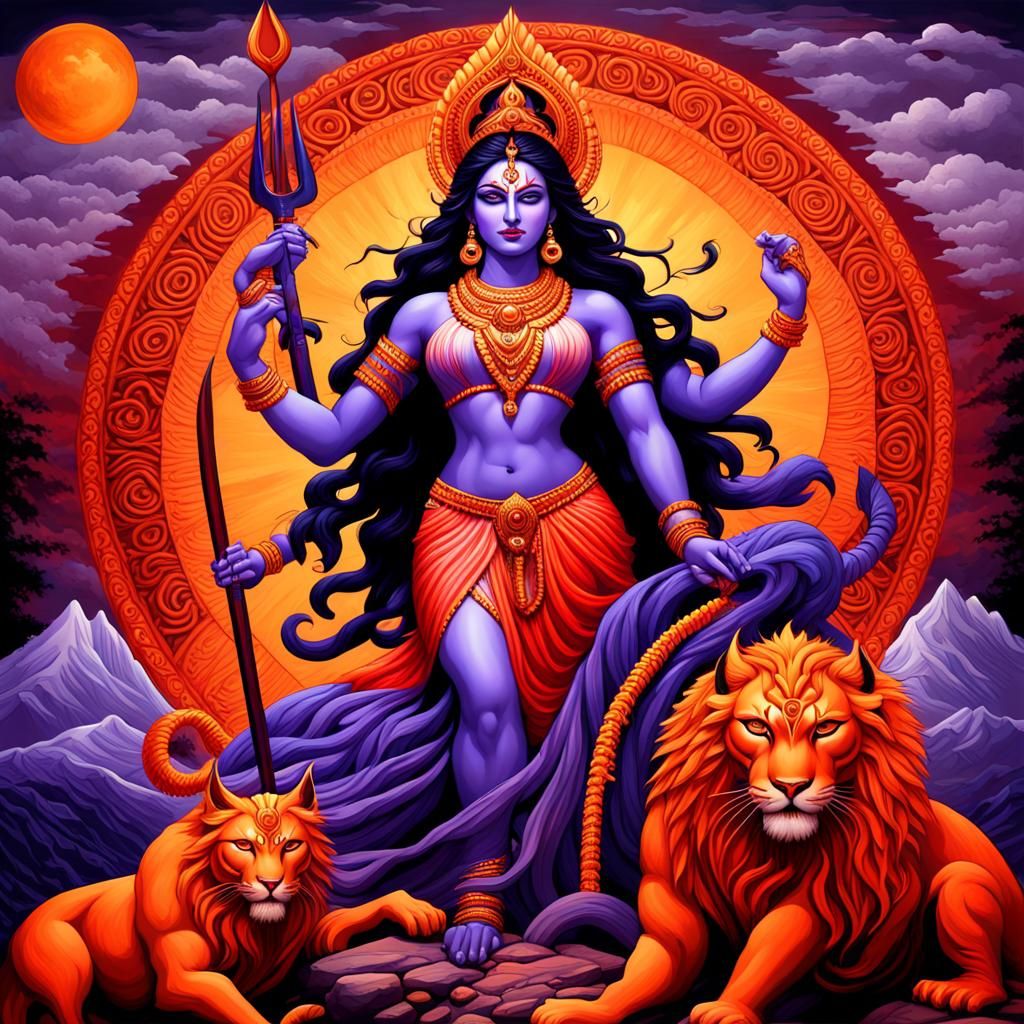 Durga Goddess in Dark Purple Lunar Landscape