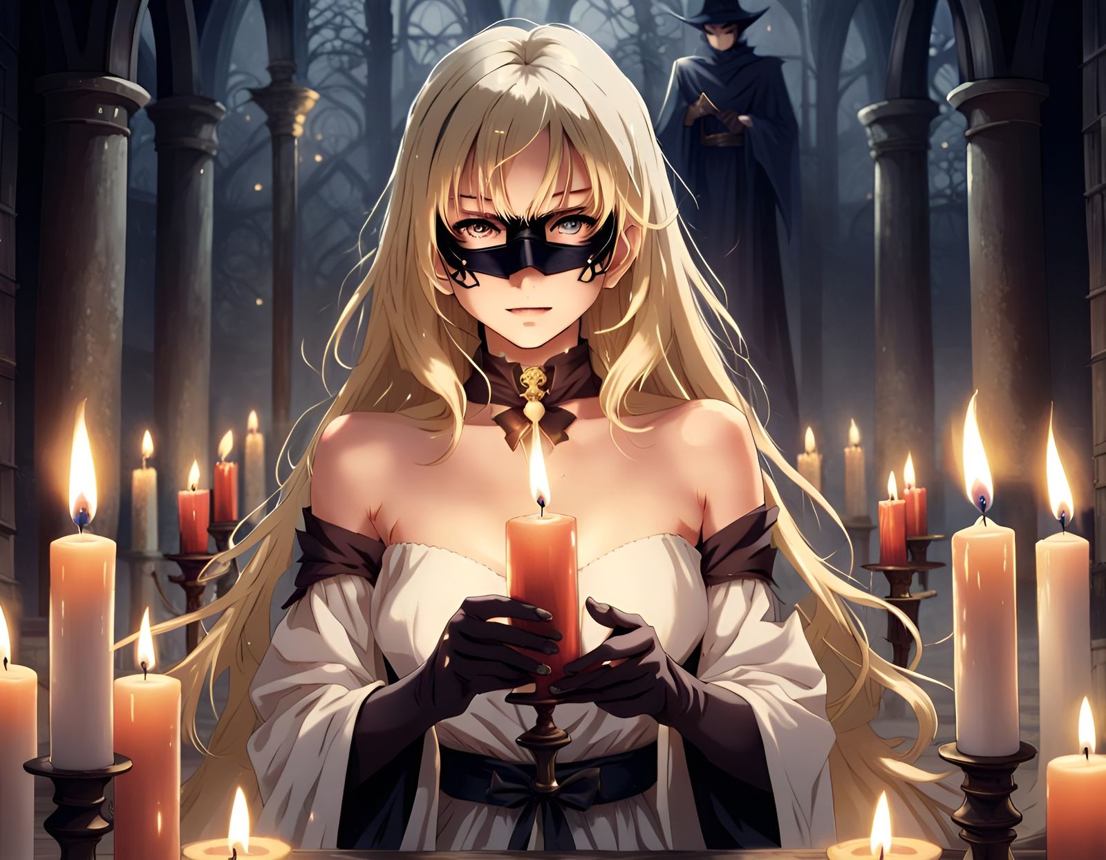 Blonde Beauty in Anime Ritual with Masked Wizard